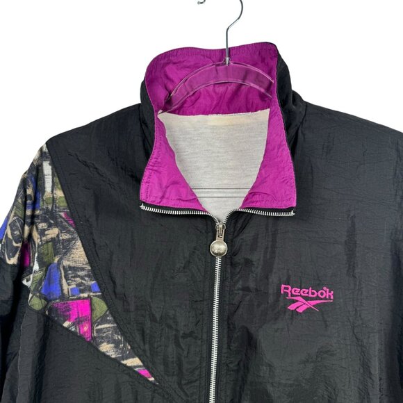 Vintage Reebok Windbreaker Jacket Black & Purple Abstract Size S 80s 90s Retro - Picture 3 of 5